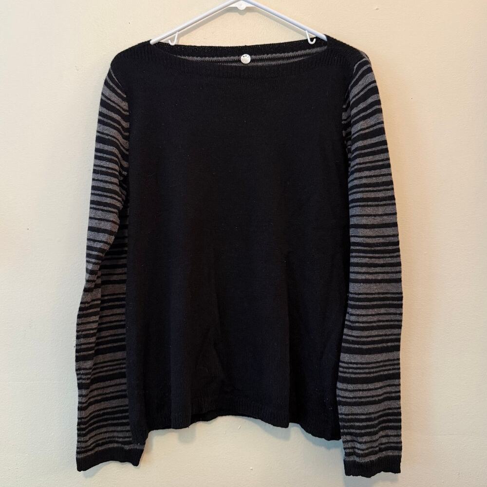 Margaret O’Leary Black Gray Striped Wool Blend Boatneck Sweater, Size M